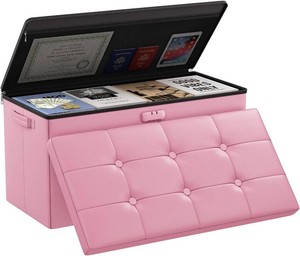 DocSafe Storage Ottoman Bench with Lock,Fireproof 43 Inches Folding Bench Foot Rest Stool Storage Chest Safe for Living Room,Bedroom,Home Office,Waterproof Leather Ottoman with Handles,Pink