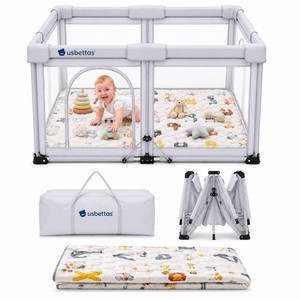$140 Foldable Baby Playpen with Mat, 50x50, Light Gray