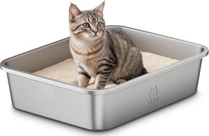 Qiuma Stainless Steel Cat Litter Box, Metal Kitty Litter Box for Small Cats, Non-Stick, Easy to Clean, Odor-Free, 15.6 11.6 3.9, Low Entry for Kittens, Rabbits & Small Breeds