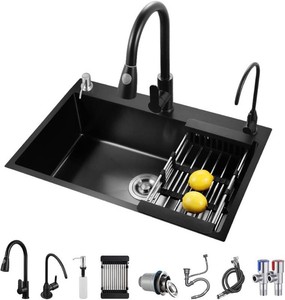 $185 ARTLINE Black Kitchen Sink, Stainless Steel Single Bowl Sink, Drop InTopmount Workstation Sink with Sliding Accessories, Farmhouse Workstation sink with Multiple Accessories (31.5 x 17.7in)