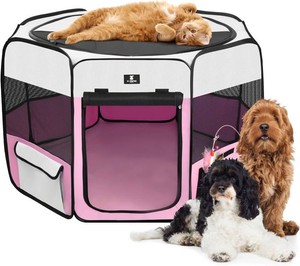 X-ZONE PET Foldable Dog Playpen, Portable Pet Play Pen for Puppy Cat, Pink