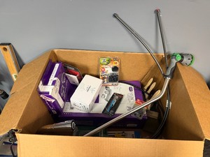 Homeowners Grab Box - Sprayer Hose Attachment, Tub Filling Faucet, Dryer Vent Kit, Paint Brushes, Rug Grippers, Cork Screw Plus More