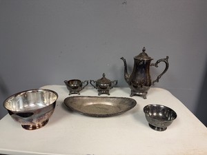 Silver-Plated Vintage CoffeeTea Service Set with Bowls and Serving Tray