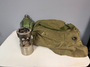 Vintage Coleman 530 Military Single Burner B46 Stove, US Military One Quart Plastic Canteen, Green Canvas Military Duffel Bag