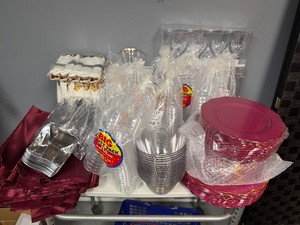 Mega Lot of Plastic Party Wear Plates, Silverware, Serving Tongs, Wine Glasses, Cups, Serving Bowls and Burgandy Table Runners