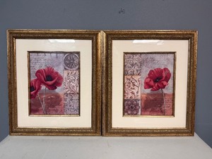 Pair of Red Poppy Wall Art Prints in Ornate Gold Frames 14.5 x 16.5