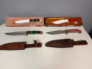 Two Frost Cutlery 12 Hunting Knives, Multi-Color and Green Pakka Wood Handles, Stainless Steel Blade
