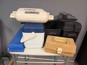 Gone Fishing Two Plastic Battery Boxes, Blue Bouy Bumper, Two White Bouy Bumpers, Fishing Net and 12 Can Cooler