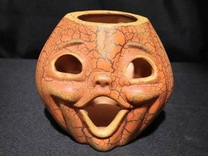 Vintage Handmade Ceramic Pumpkin Face Lantern