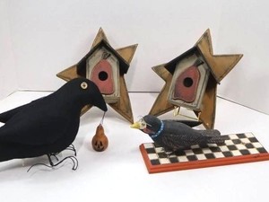 Vintage Handmade Raven, Wooden Crow & Wooden Birdhouses