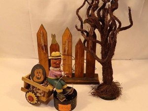 Halloween Scarecrow, Wagon, Fence & Twisted Tree Mixed Lot
