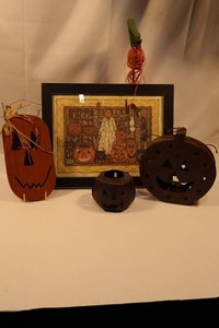 Halloween Decor Mixed Lot - Framed Picture, Luminaries & Pumpkin Decor