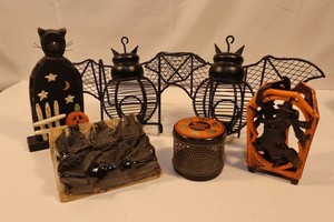 Halloween Decor Assortment - Wooden Cat Candles & Metal Holders