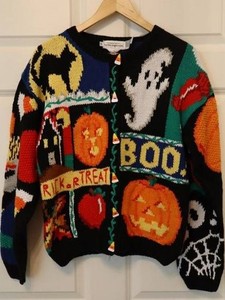 Alexandra Bartlett Halloween Ghost Pumpkin Cardigan Sweater Size Small