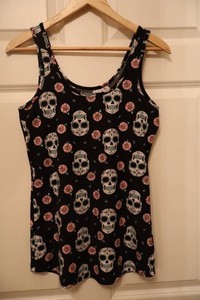 Womens Sugar Skull & Rose Sleeveless Tank Top, Size M