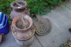 2 Vintage Metal Milk Cans and Tractor Seat