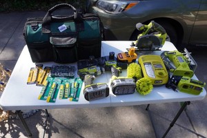 Masterforce Tool Bag with Assorted Ryobi Cordless Power Tools and Drill Bits