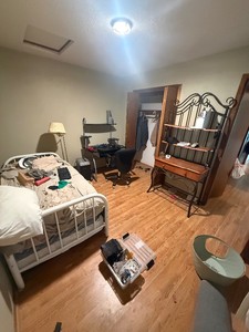 Contents of Room - Bakers Rack Style Shelf, Bed Frame, Desk