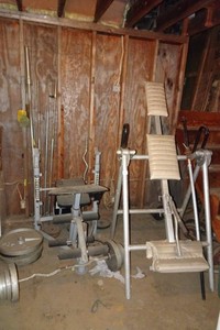 Workout Equipment - Bench, Barbells, Weight Plates, Inversion