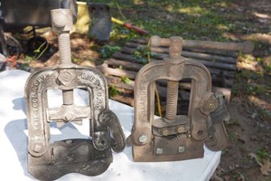 2 Vintage Cast Iron Bench Clamp Pipe Vises