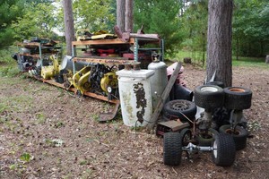 Pallet Racking with Contents - Mower Parts, Attachments, Tanks