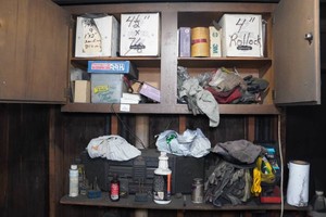 Contents of Cabinet - Sanding Discs, Work Gloves, Boombox