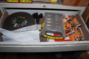 Contents of Drawer - Diamond Drill Bits, Cutting Wheels, Electric Screwdriver
