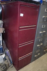 Red Metal File Cabinet with Abrasives and Painting Consumables
