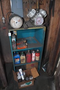 Shelf and Contents - Motors, Oil, Penetrant, Compressor Air Filters