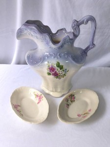 2 Vintage ceramic oval vegetable dishes & Vintage Blue and White Ceramic Water Pitcher - Lot of 3