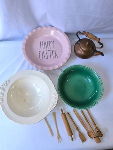 Wooden Doll House Utensils, Mini Copper Tea Kettle, 3 Serving dishes 11-piece lot