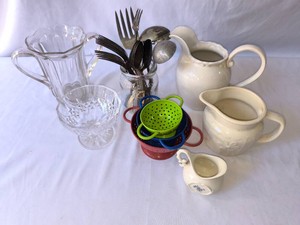 Vintage silverware, 3 mini strainers, 3 small creamers, clear glass sherbert dish, Clear Glass Celery Vase -17 pieces