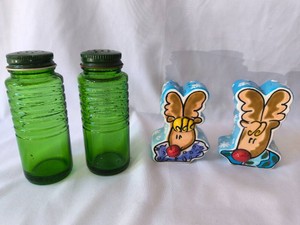 Green Ribbed Glass and Reindeer Salt and Pepper Shakers-2 Sets