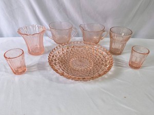 Pink Depression Glass- Cups, Plate, Serving Cups - Lot of 7