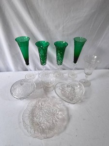 Champagne Flutes-Glass Serving Plates-Sherbert Cup-Water Goblet-Lidded Candy Dish - 9-piece lot