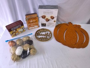 Fall Decor-Pinecone Party Lights-Vintage Hersheys Recipe Box-Small Hot Plate-Bag of Pumpkins-Small Wall Decor- 2 pumpkin placemats-Lot of 7