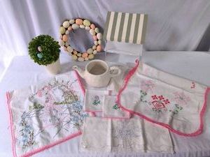 Easter Egg Wreath, Artificial Bush Plantar with Eggs, Small Spouted Ceramic Vessel, Mini Pastry Stand, Embroidered Hanker chiefs and Table Runner