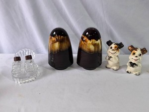 Clear Glass Clamshell,Brown Drip Pottery and Dogs Salt and Pepper Shakers-3 sets