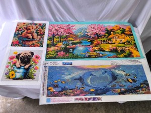Diamond Paintings-lot of 4-Cow,Pug,Dolphins,Scenery
