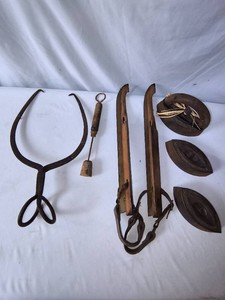 Cast Iron Smoothing Irons. Antique Ice PickLog Grabber, Antique Ice Skates, -Lot of 6 pieces