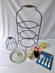 Metal 3-tier RackServer, Charcuterie Utensils, Mini Tin Pot wLid, Metal Decorative Cloche with Bat Topper, Dutch Clogs -Lot of 7 Pieces