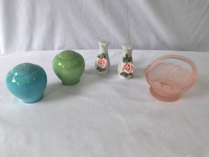 Ceramic and Floral Salt and Pepper Shakers and Pink satin glass basket