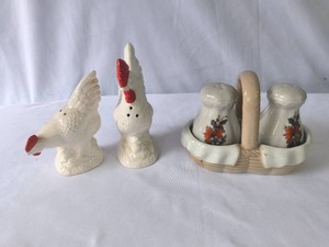 Roosters and Floral in Ceramic Basket Salt and Pepper Shakers-2 Sets