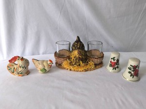 Cardinals and RoosterChickens Salt and Pepper Shakers and Rooster candle holder