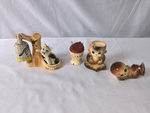 CatBirdcage and Kewpie Salt and Pepper Shakers and Mustard jar toilet