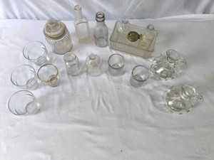 VINTAGE Assortment of Clear Glass Pieces- Cups, Dish, Bottles - Lot of 17