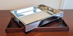 Decorative Serving Trays - Mirrored & Acacia Wood Pair