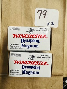 2 Boxes Winchester Dynapoint .22 Winchester Magnum Rimfire (WMR) Ammo 45 Gr Plated Hollow Point