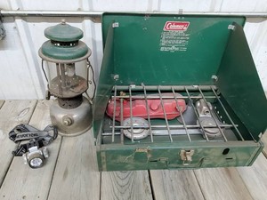 Coleman camping stove, gas lantern and led headband light