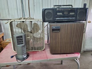 Garage fridge, box fan,boombox and small circulating fan